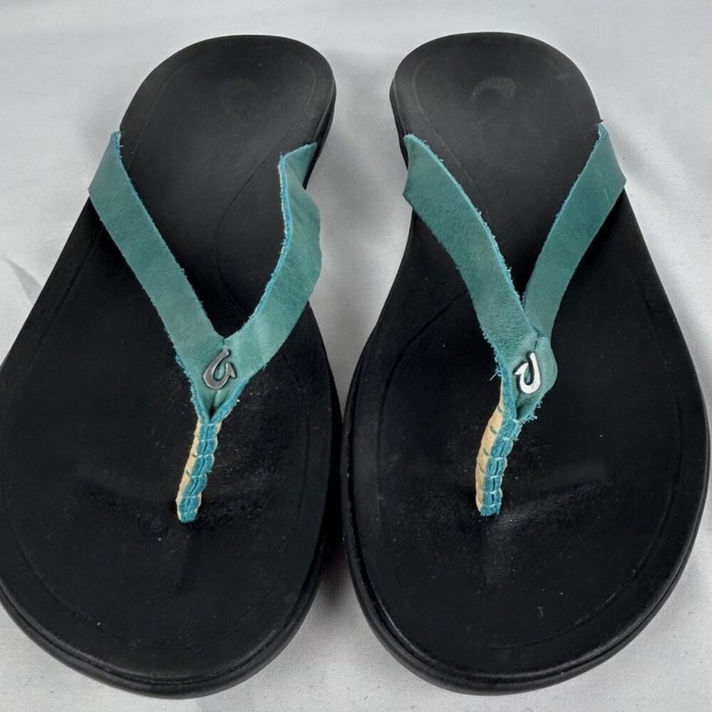 Olukai Ho'Opio Turquoise Black Leather Flip Flops Thongs Sandals Womens 7 - Picture 1 of 5